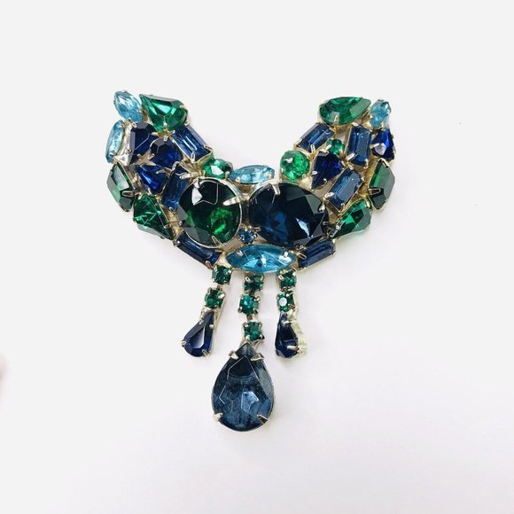 VTG Emerald Green Blue Stones Domed Brooch Pin Teadrop Dangle Pendants prong set - Picture 2 of 5